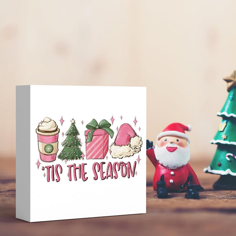 FXEFXE Pink Christmas Decor, Pink Christmas Bathroom Decor, Girly Decoration, Wooden Box Sign Winter Latte Santa Presents Tree Coffee Home Bedroom Desk Decoration - Image 4